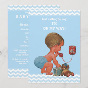 Vintag Baby Boy on Phone Baby Dusche Chevrons Einladung