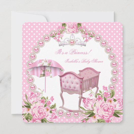 Vintag Baby Duschmädchen Rosa Schirmpfanne Einladung (Vorderseite)