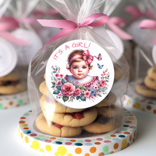Vintag Baby Girl's Baby Shower   Es ist ein Mädche Runder Aufkleber