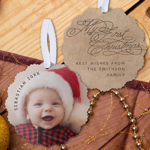 Vintag Baby My First Christmas Text Foto Elegant Ornament Karte