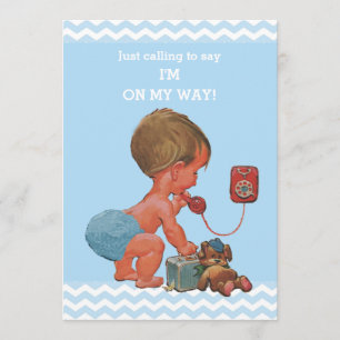 Vintag Baby on Phone Blue Chevrons Baby Dusche Einladung