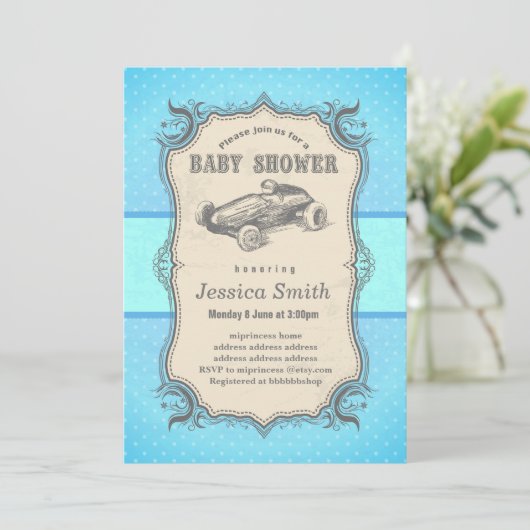 Vintag BABY SHOWER Einladung - Rennwagen (Stehend Vorderseite)