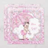 Vintag Babydusche Blume Rosa Schirm Einladung (Vorne/Hinten)
