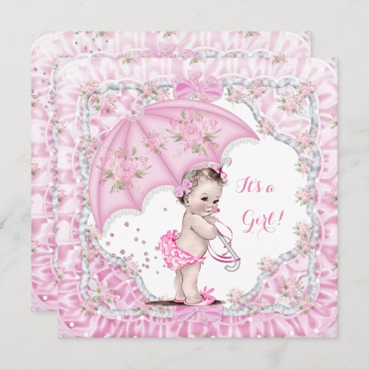 Vintag Babydusche Blume Rosa Schirm Einladung (Vorne/Hinten)