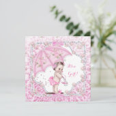 Vintag Babydusche Blume Rosa Schirm Einladung (Stehend Vorderseite)