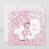 Vintag Babydusche Blume Rosa Schirm Einladung (Vorderseite)