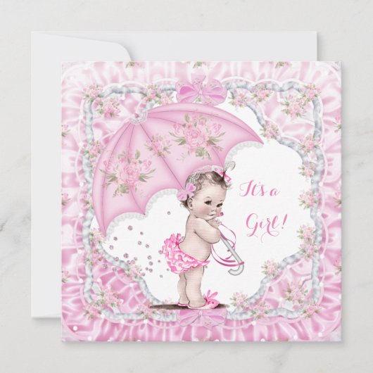 Vintag Babydusche Blume Rosa Schirm Einladung (Vorderseite)