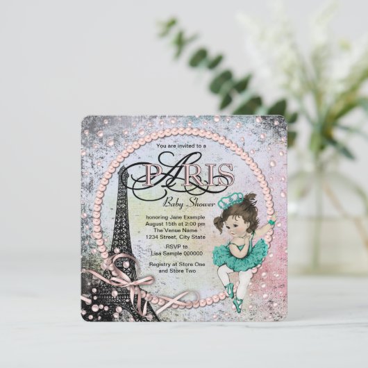 Vintag Ballerina Paris Babydusche Einladung (Stehend Vorderseite)