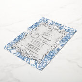 Vintag Barock Blau Weiß Silberheilige Kommune Folieneinladung (Gedreht)