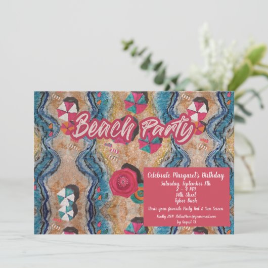 Vintag Beach Geburtstagsparty Einladung (Stehend Vorderseite)