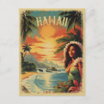 Vintag Beach Hawaii Girl Travel Postkarte