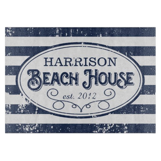 Vintag Beach House Personalisiert Navy und White Schneidebrett (Vorderseite)