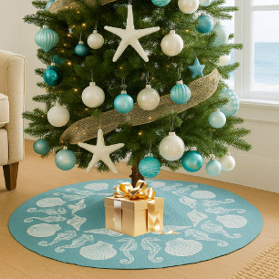 Vintag Beach Hütte Seashells White Blue Polyester Weihnachtsbaumdecke