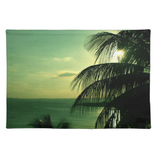 Vintag Beach Sunset Green Blue Sky Sea Black Palm Stofftischset