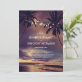 Vintag Beach Sunset | String Lights Palms Wedding Einladung (Stehend Vorderseite)