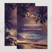 Vintag Beach Sunset | String Lights Palms Wedding Einladung (Vorne/Hinten)