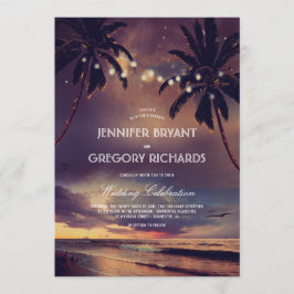 Vintag Beach Sunset | String Lights Palms Wedding Einladung