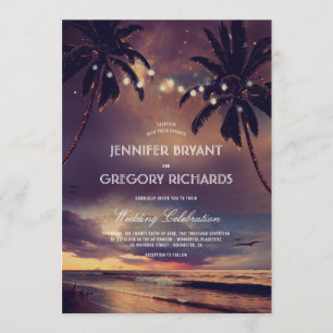 Vintag Beach Sunset String Lights Palms Wedding Einladung