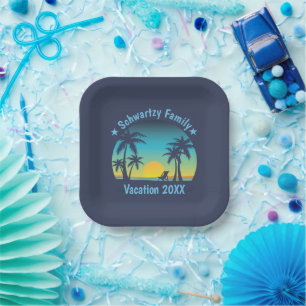 Vintag Beach Sunset Vacation Orange-blaue Lounge Pappteller
