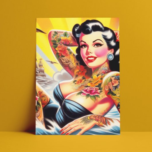 Vintag Beach Tattoo Pinup Postkarte