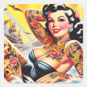 Vintag Beach Tattoo Pinup Quadratischer Aufkleber