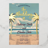 Vintag Beach Tropical Palm Wedge Folieneinladung (Vorderseite)