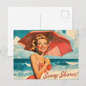 Vintag Beach Vacation Poster: Blonde Button-Up Postkarte (Vorne/Hinten)