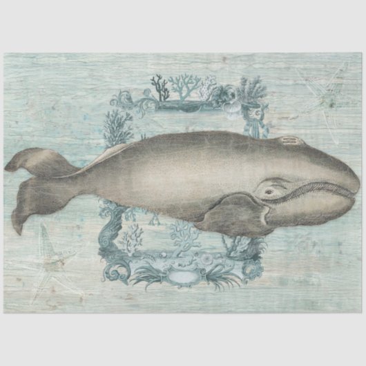 Vintag Beach Whale Starfish Blue Wood Decoupage Seidenpapier (Vorderseite)