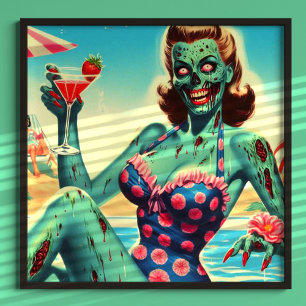 Vintag Beach Zombie Button-up Poster