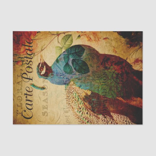 Vintag Beautiful Blue Peacock Floral Französisch Seidenpapier (Vorderseite)