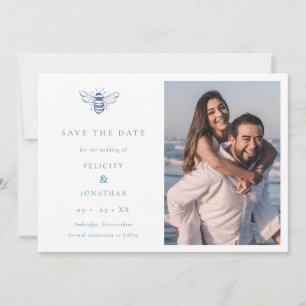Vintag Bee Blue Minimalistisch QR Code Foto Hochze Save The Date
