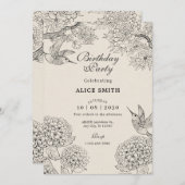 Vintag-Beige-Bird-Hydrangea-Blume Geburtstag Einladung (Vorne/Hinten)