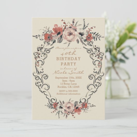 Vintag Beige Botanische Blumengeburtsparty Einladung (Stehend Vorderseite)