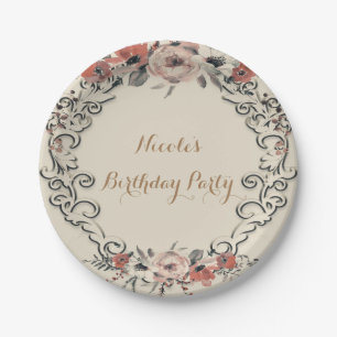 Vintag Beige Elegante Botanische Hochzeit Pappteller