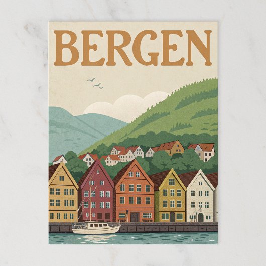 Vintag Bergen Bryggen Harbor Postkarte
