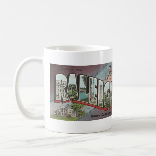 Vintag Big Letter RALEIGH, NC Postkarte Kaffeetasse (Links)