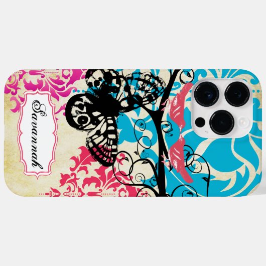 Vintag Bird Butterfly Damask iPhone Case (Rückseite (Horizontal))