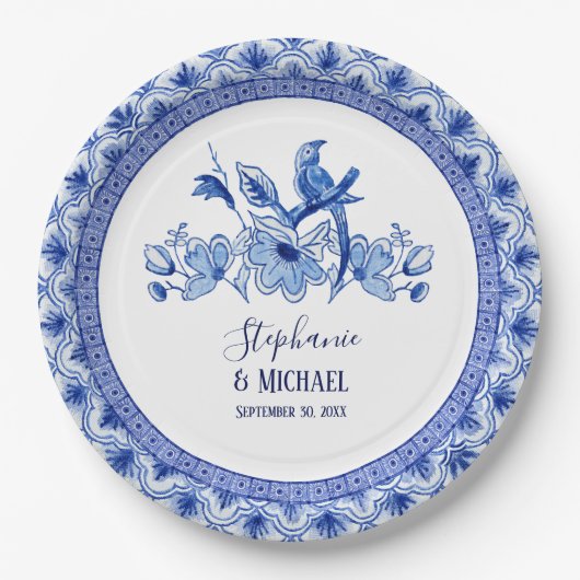 Vintag Bird Chinoiserie Navy Bl Floral Pappteller (Vorderseite)