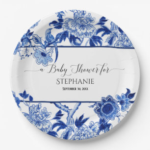 Vintag Bird Chinoiserie Navy Blumenbaby-Dusche Pappteller