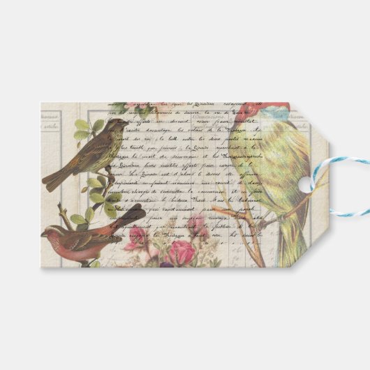 Vintag Bird Decoupage Botanic vielen Dank Geschenkanhänger (Vorderseite (Horizontal))