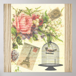 Vintag Bird Floral French Paris Eiffelturm Poster