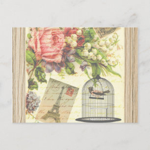 Vintag Bird Floral French Paris Eiffelturm Postkarte