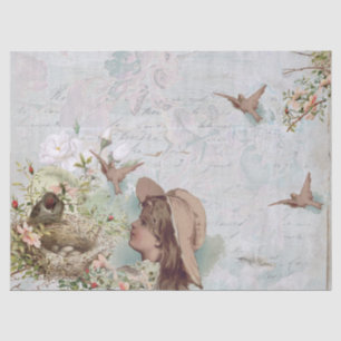 Vintag Bird Nest Girl Französisch Script Decoupage Seidenpapier