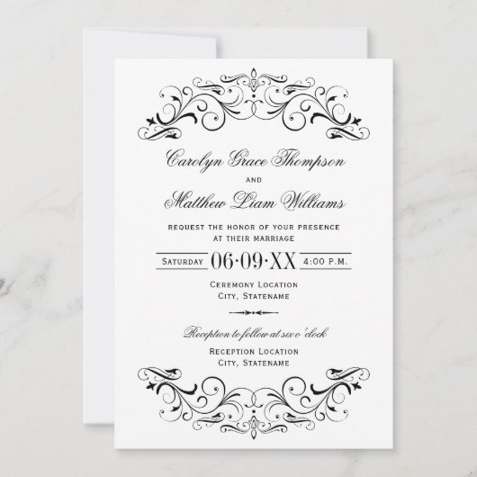 Vintag Black Blüh White Wedding Einladung (Vorderseite)