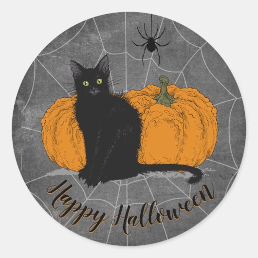 Vintag Black Cat Happy Halloween Runder Aufkleber (Vorderseite)