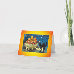 Vintag Black Cat Pumpkin Invite Card Einladung
