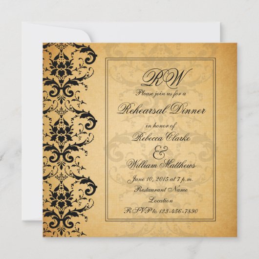Vintag Black Damask Probe Dinner Einladung (Vorderseite)