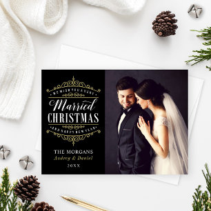 Vintag Black Gold Verheiratete Weihnachtsfeier Fot Feiertagskarte