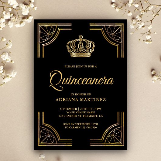 Vintag Black Gold Verziert Crown Quinceanera Einladung