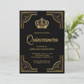 Vintag Black Gold Verziert Crown Quinceanera Einladung (Stehend Vorderseite)